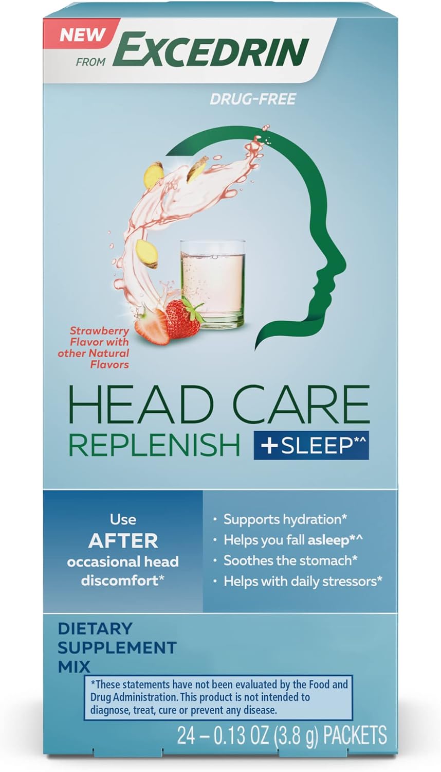 Excedrin Head Care Replenish Plus Sleep From Excedrin with Electrolytes, L-theanine, Ginger and Melatonin, Dietary Supplement for Head Health Support - 24 Packets