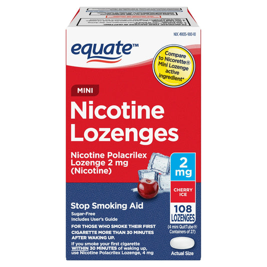 Equate Mini Nicotine Polacrilex Lozenge, 2 mg, Cherry Ice Flavor, 108 Count