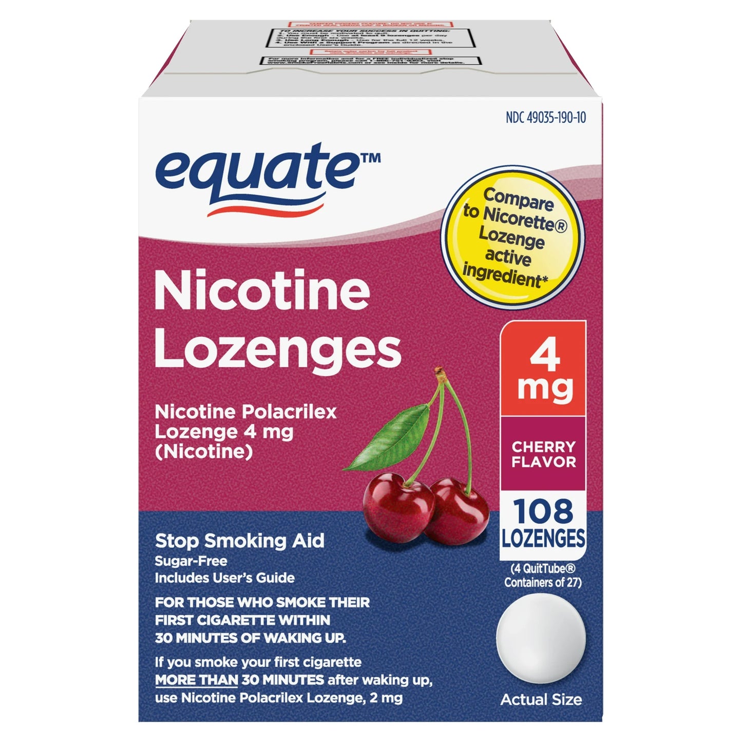 Equate Nicotine Lozenge, 4 mg (Nicotine), Cherry Flavor, 108 Count