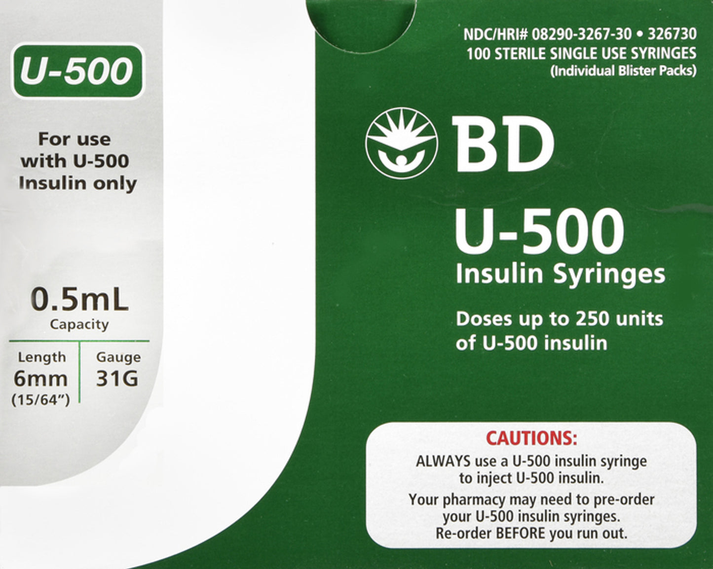 BD U-500 Insulin Syringes 6mm x 31G 1/2 mL/cc 100 Counts #326730